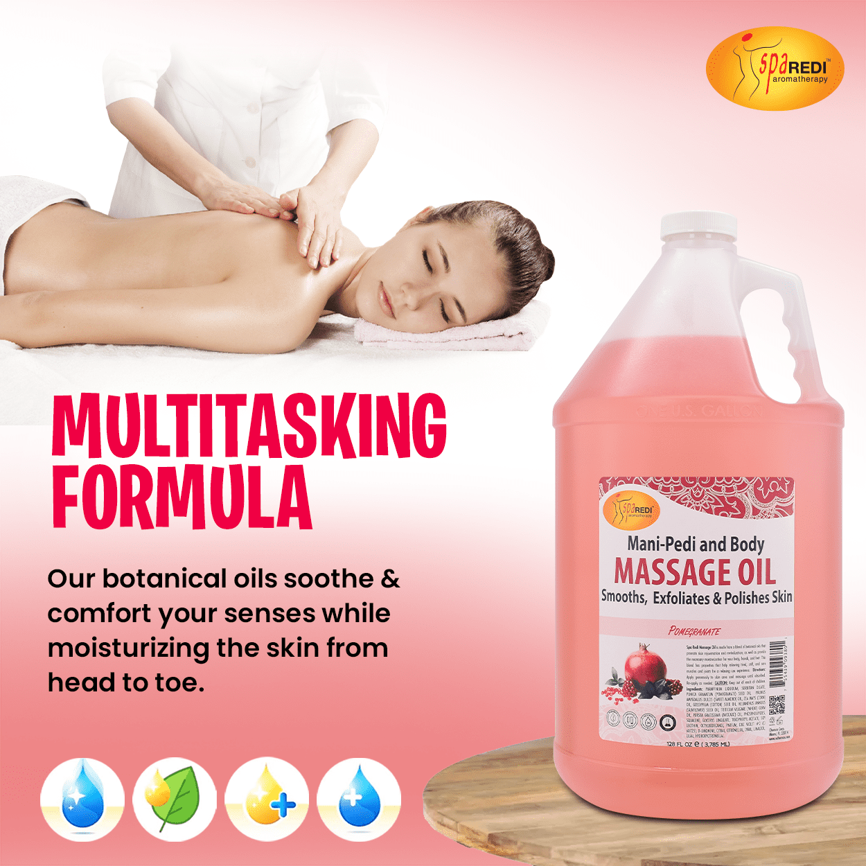 SPA REDI - Massage Oil, Pomegranate, 128 Oz - Professional Full Body Massage Therapy, Made with Almond Oil, Cotton Seed Oil, Sunflower Oil, Avocado Oil, Essential Oils and Vitamin E