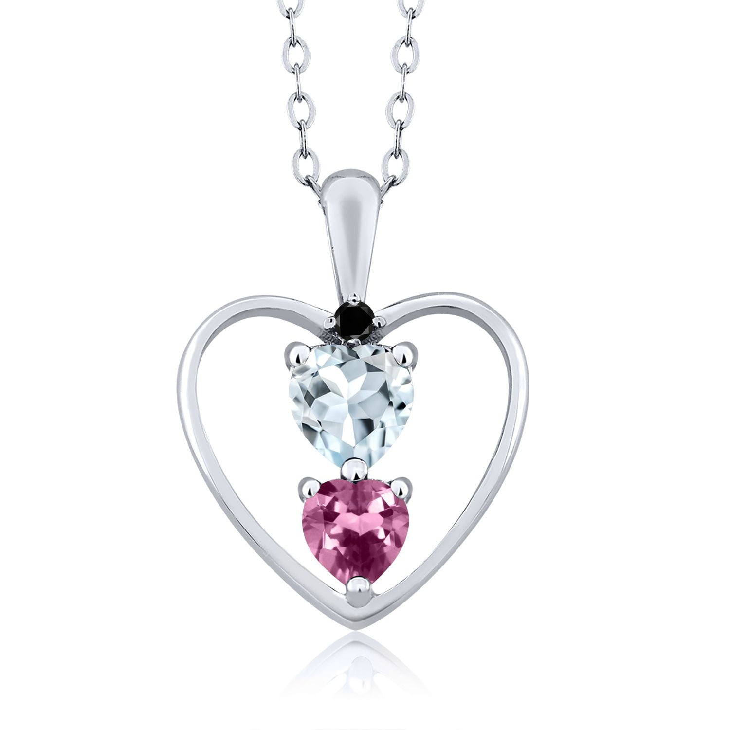 925 Sterling Silver Sky Blue Aquamarine Pink Tourmaline and Black Diamond Pendant Necklace for Women (0.65 Cttw, Gemstone March Birthstone, Heart 5MM and 4MM, with 18 inch Silver Chain)