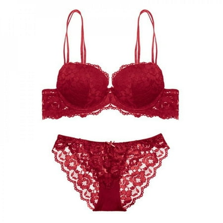

Clearance Womens Lace Embroidery Underwire Bra and Panty Set Push-up Bra Set Wire Free Padded Lingerie Underwear