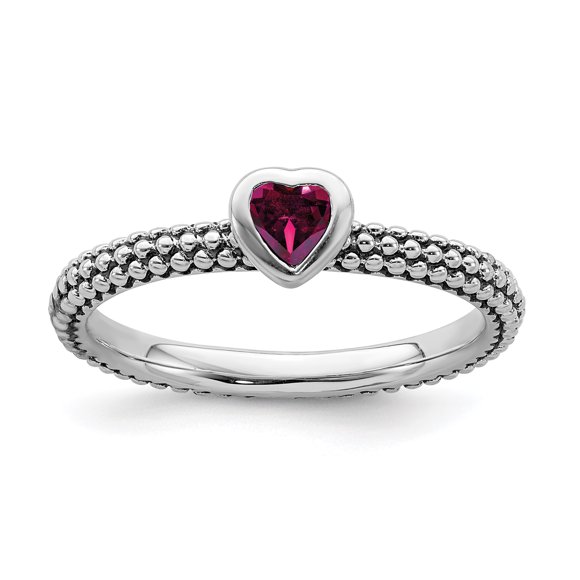 925 Sterling Silver Created Ruby Heart Stackable Ring Love Birthstone July Gemstone