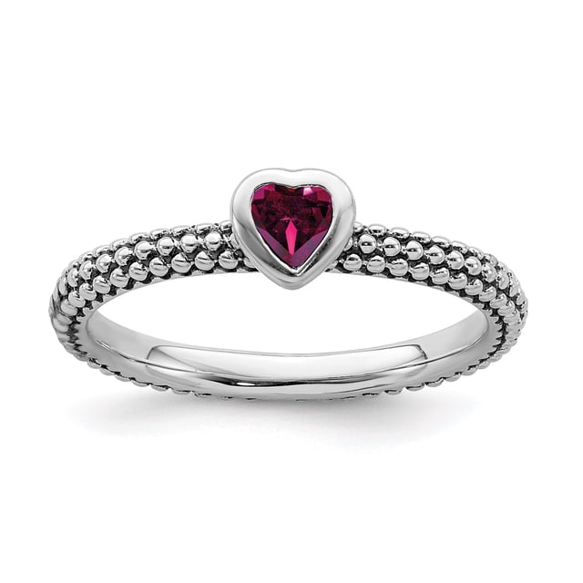 925 Sterling Silver Created Ruby Heart Stackable Ring Love Birthstone July Gemstone