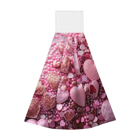

Zeuib Pink Glitter Heart Candy Print Coral Velvet Hand Wipes Hanging Hand Towels Set with Hook & Loop Absorbent Towel for Bathroom Home