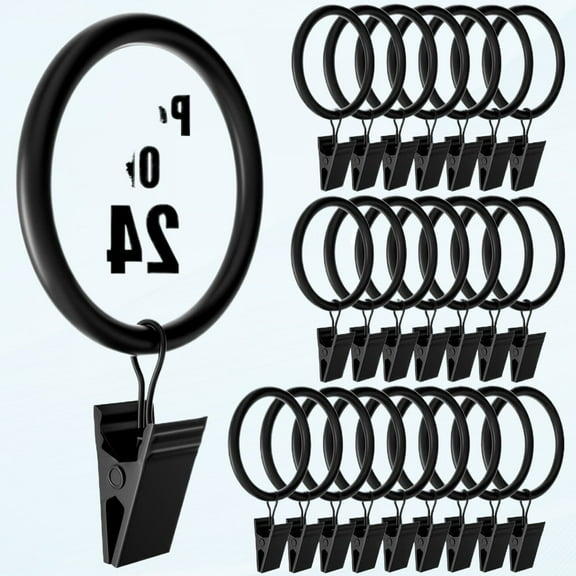 24 Pack Curtain Rings with Clips, Heavy Duty Garment Clip, Tension Rod Hooks, Black Polish Curtain Hangers for Home Decor, 2 Inch Rust Eyelets Fits up to 1.5 inch curtain rods