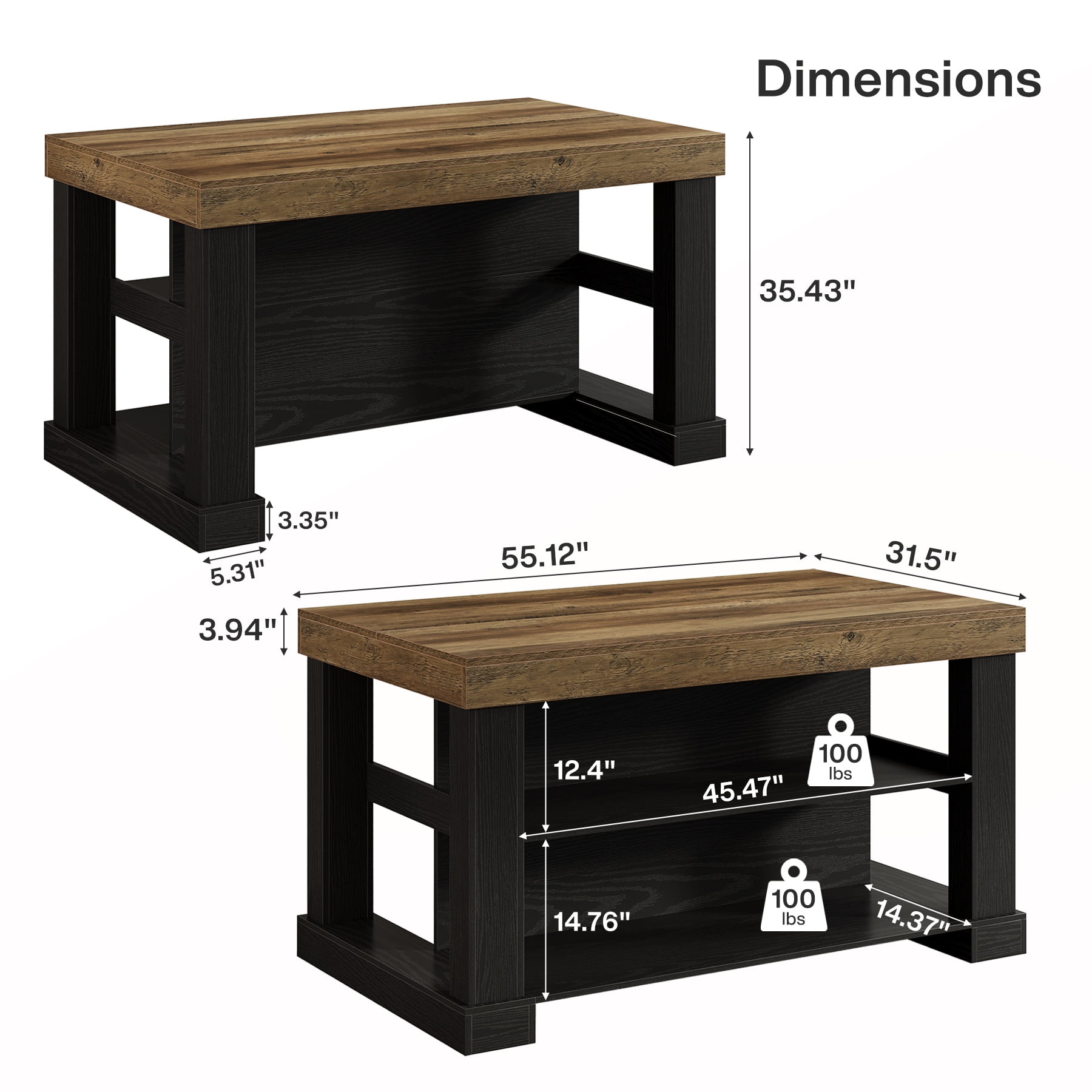 Finmind 55-inch Kitchen Island with 3 Storage Shelves, Large Farmhouse Kitchen Shelf with Spacious Worktop, Brown and Black (Easy to Assemble)