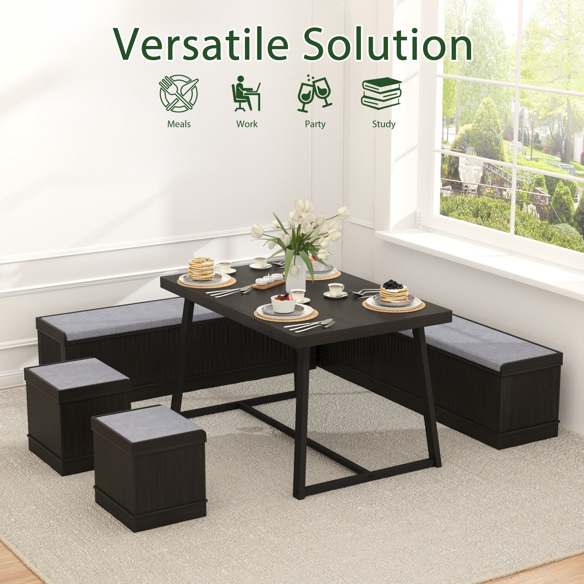 Brafabhome 6 PCS Dining Table Set with Storage Bench, Modern Corner Breakfast Nook with Cushions Stool for 6, Suitable for Kitchen and Dining Room | Rustic Brown