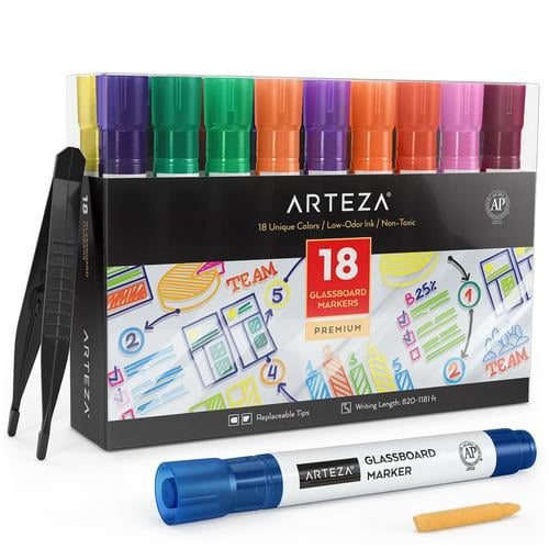 Arteza Glass Board Dry Erase Markers, 10 Classic and 8 Neon Colors with