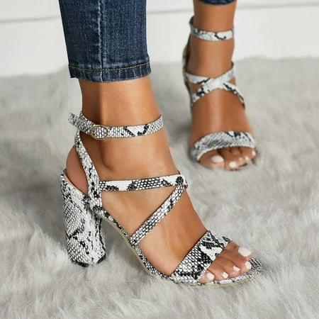 

HIBRO Ladies Fashion Leather Snake Print Plus Size Chunky High Heel Buckle Sandals