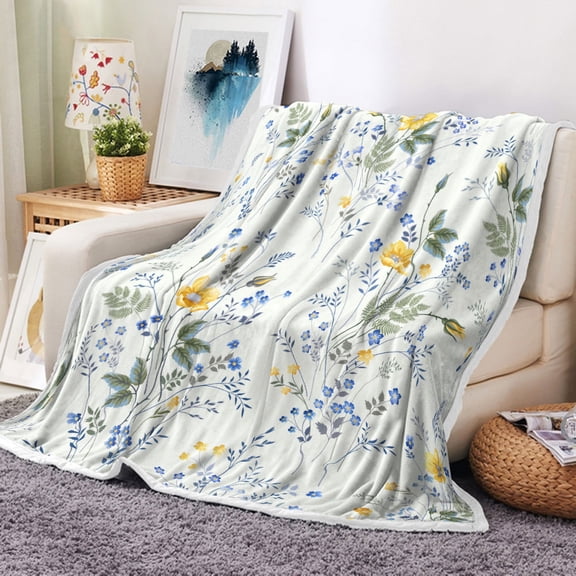 Spring Floral Throw Blanket, Blue and Yellow Watercolor Floral Throw Flannel Blankets for Couch Bed, Green Leaf Floral Green Botanical Plush Cozy Fuzzy Blanket 50" x 60", Super Soft Warm Blankets