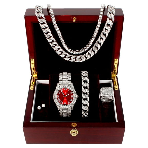 Fully Iced Mens Big Rocks Bezel Color Dial with Roman Numerals, Cuban Chain Bracelet, Cuban Necklace, Tennis Chain & Ring - ST10327CRNT (Red/Silver - Ring Size 8)