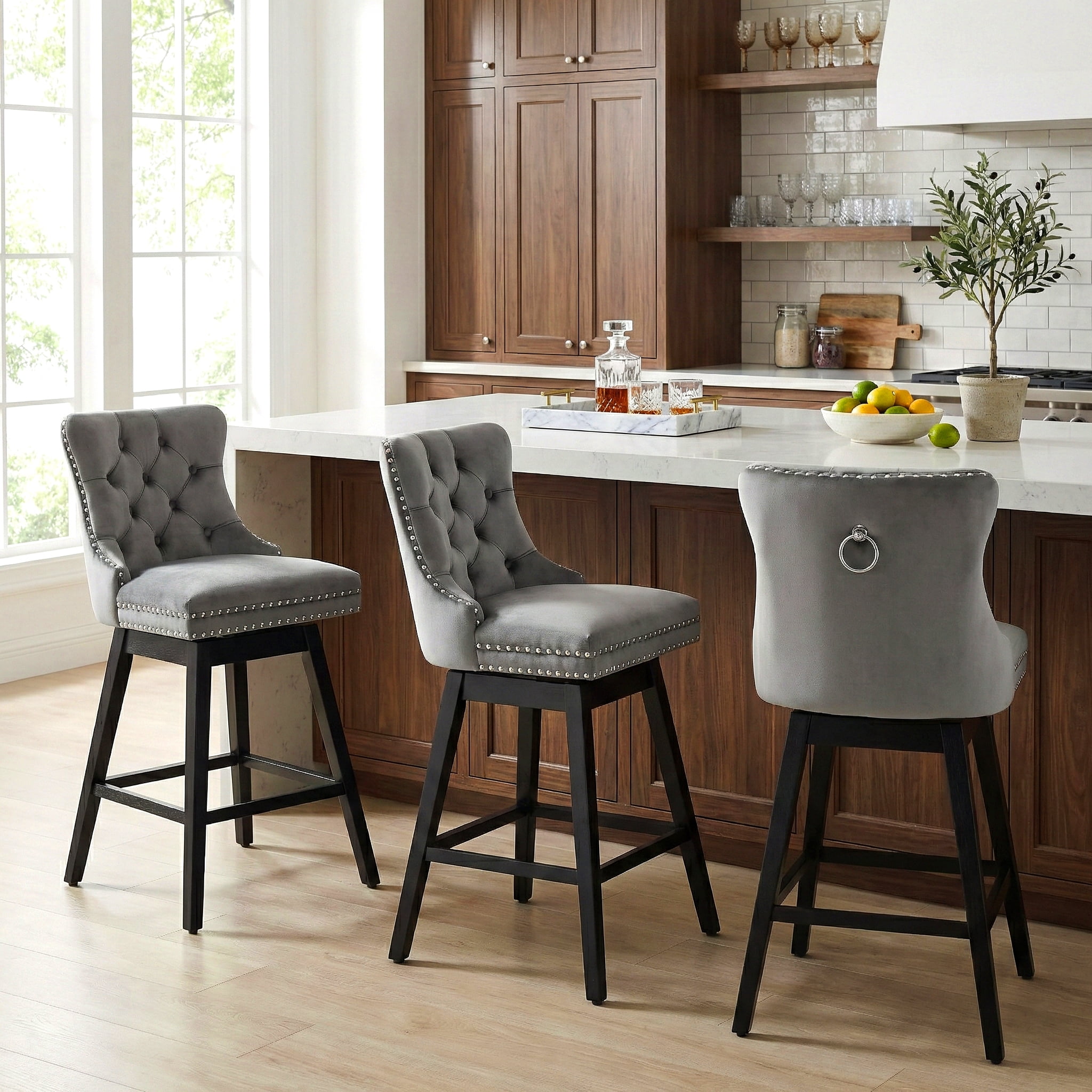 TEWLOSS 30" Swivel Bar Stools Set of 3, Gray Velvet Bar Height Chairs with Back for Home Pub