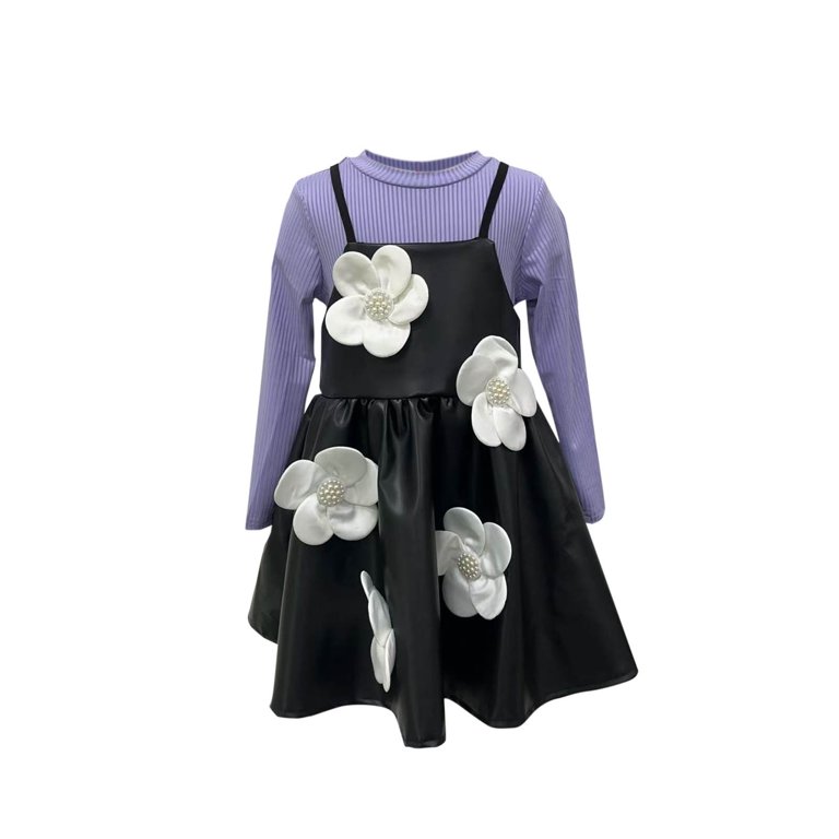 Naisibaby Girls Dress Sets 2-Piece, Long Sleeve Shirt and Floral PU Leather Dress Fall Winter Fashion Dresses Purple 6T, Girl's, Size: 5-6T