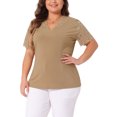 thumbnail image 4 of Agnes Orinda Women's Plus Size V Neck Short Sleeve Elegant Lace Ribbed Knit Summer Tunic Blouse 3X Brown, 4 of 6