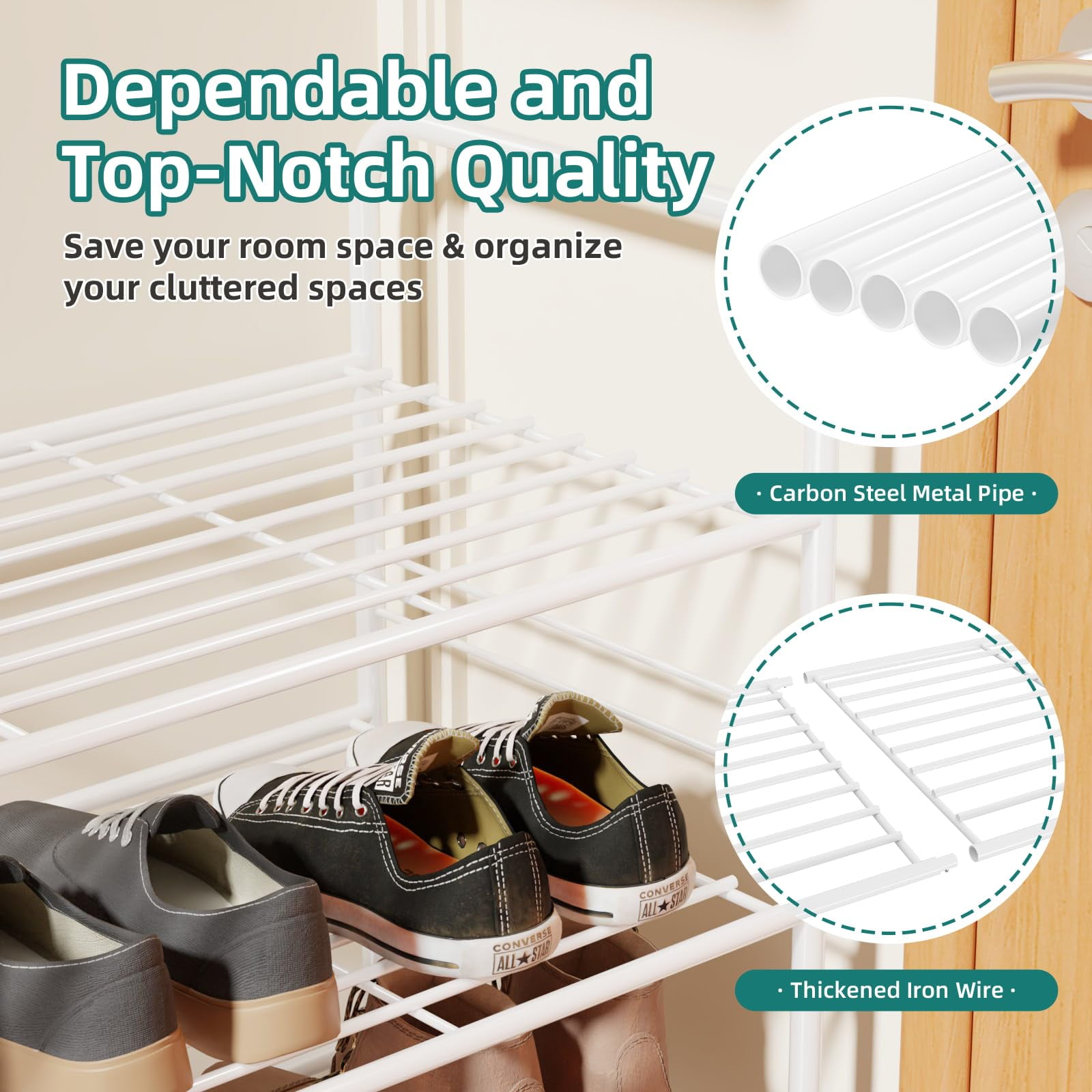 3-Tier Metal Shoes Rack for Closet, 33" Wide Shoe Storage Organizer,  White