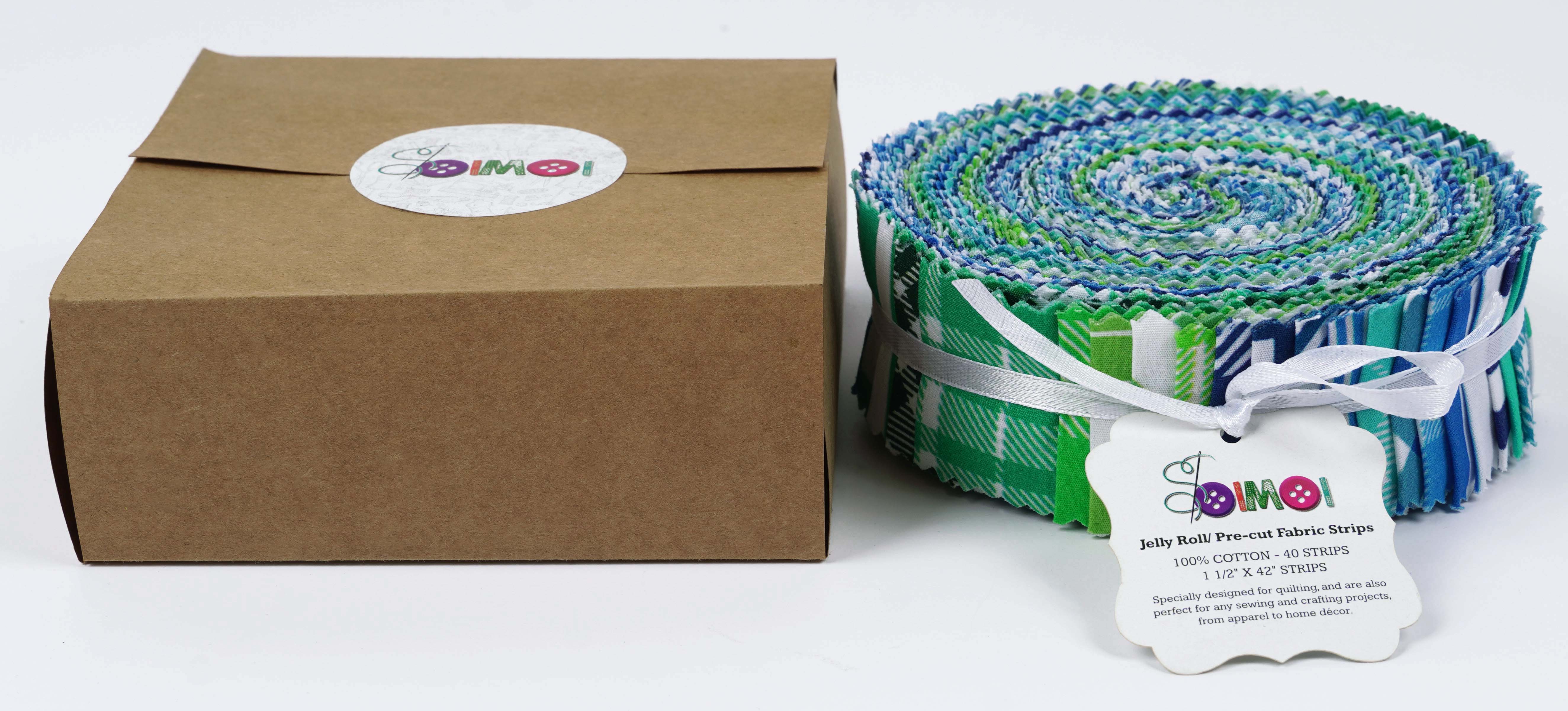 Soimoi 40Pcs Check & Tartan Print Precut Fabrics Strips Roll Up 1.5x42inches Cotton Jelly Rolls For Quilting - Blues & Greens
