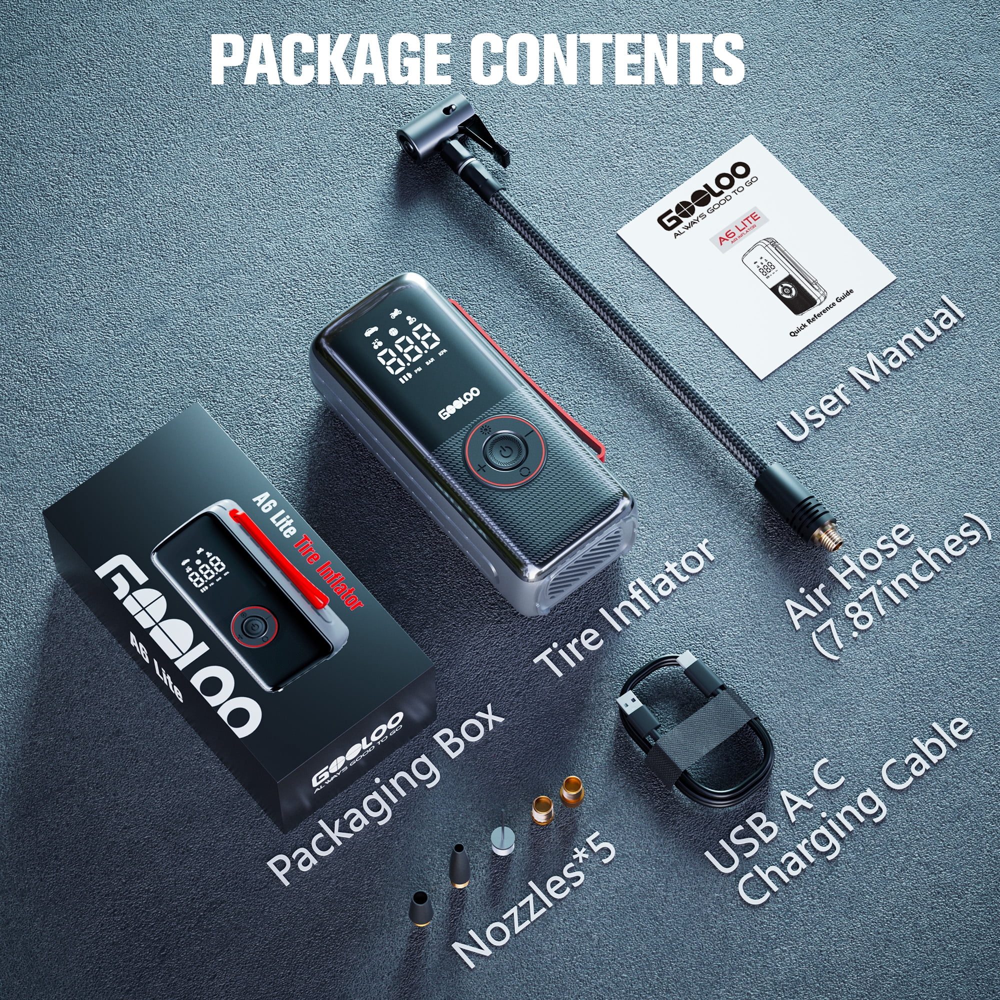 GOOLOO A6 LITE Tire Inflator Portable Air Compressor, 160 PSI, 7500mAh, 3X Faster Air Pump for Car Tires, with Tire Pressure Gauge for Motorcycle, E-Bike, Ball, SUV