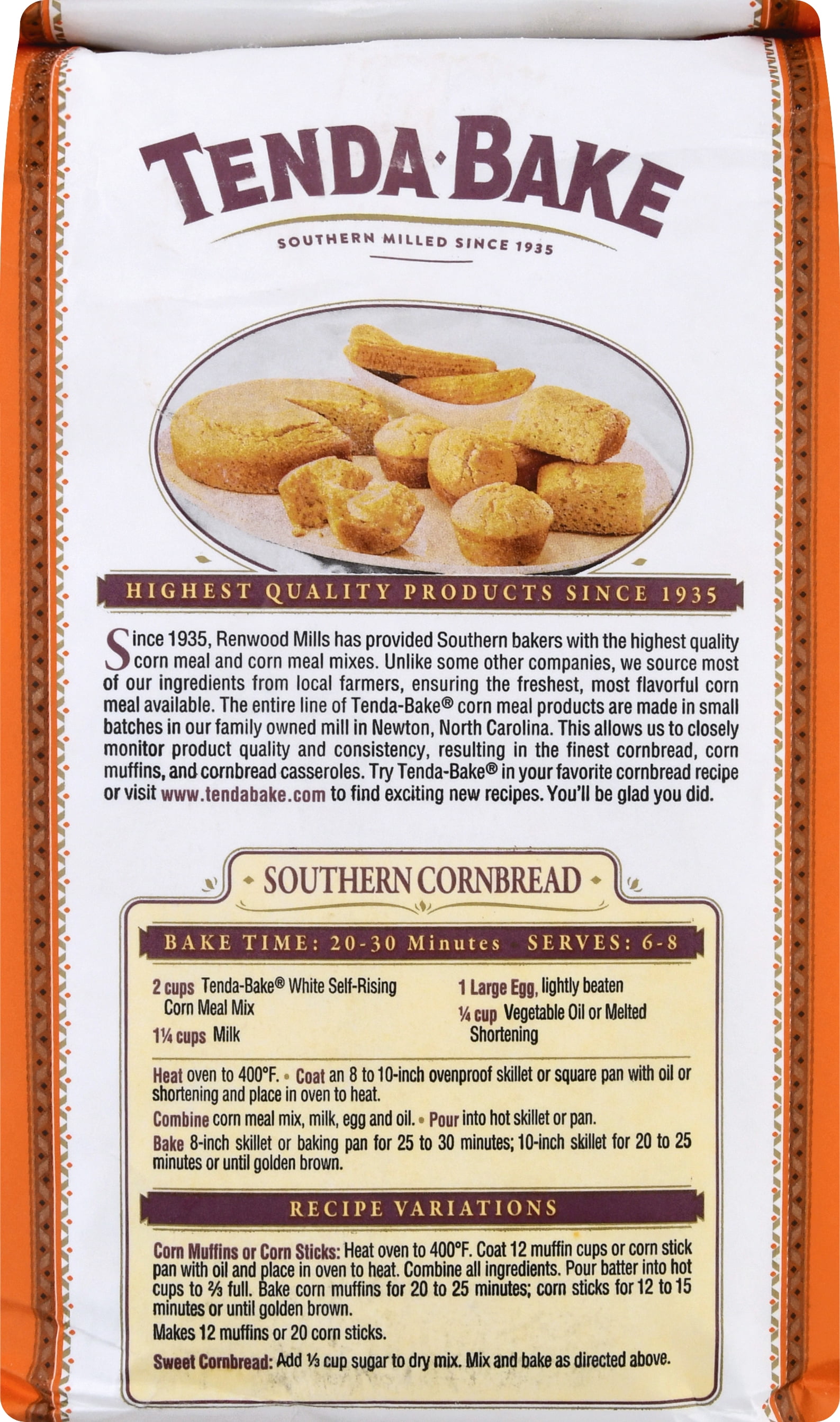 (4 pack) Tenda-Bake Yellow Self-Rising Corn Meal Mix, Authentic Southern Cornbread, 5 lb Bag