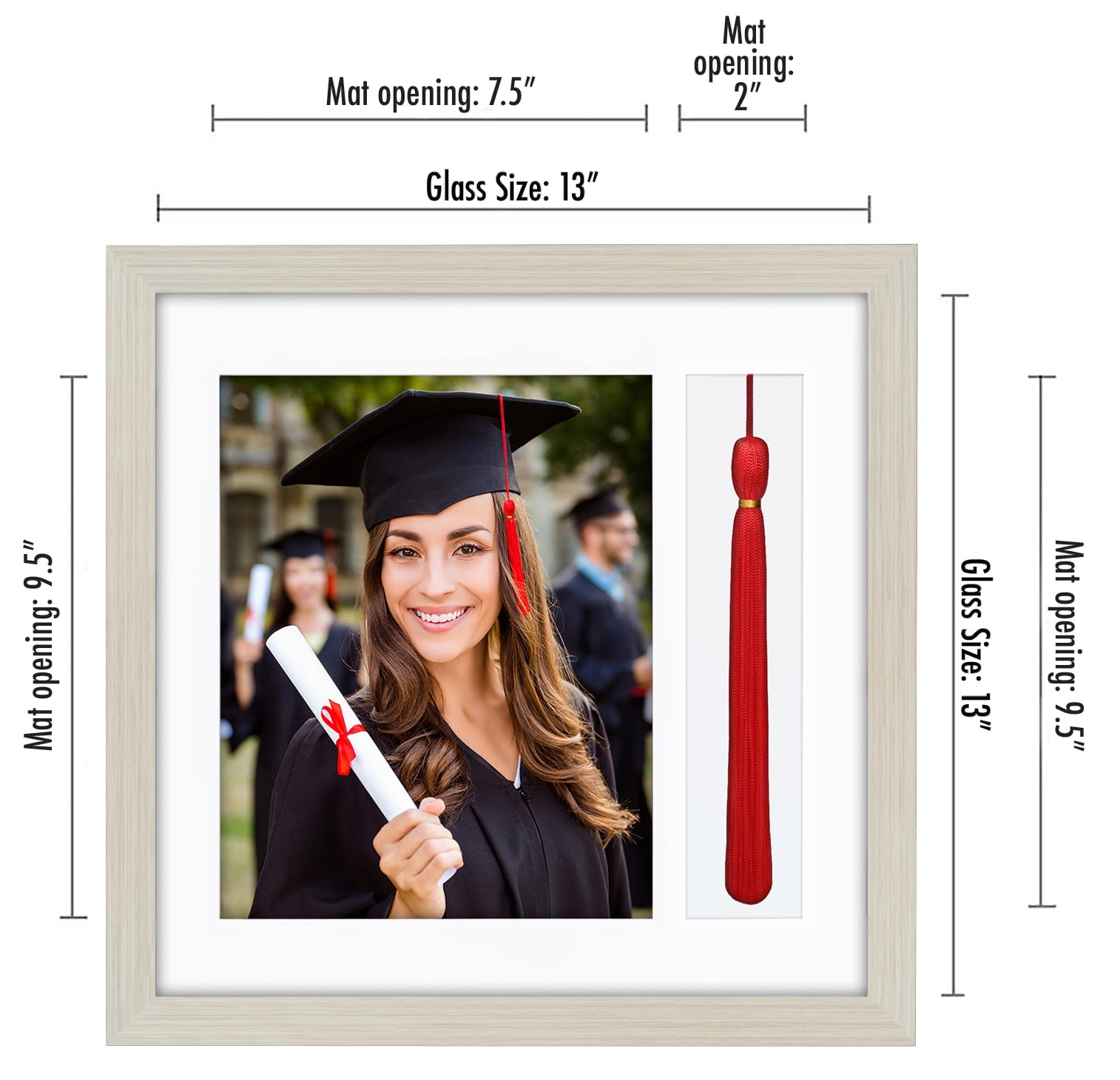 Americanflat 13x13 Light Wood Graduation Frame - 2 Opening Mat Displays 8"x10" Photo and Tassle. Square Frame with Tempered Shatter-Resistant Glass. 2X Sawtooth Hangers