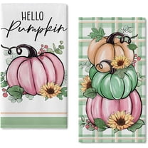 Fall Hello Pumpkin Kitchen Dish Towels Set of 2, Autumn Green Plaid Check Hand Towels Sunflower Drying Baking Cooking Cloth, Thanksgiving Farmhouse Rustic Home Kitchen Decor 18 x 26 Inch