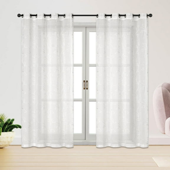 Keisha Floral Embroidered Grommet Window Curtain Panel, White-White, 54x84 Inches