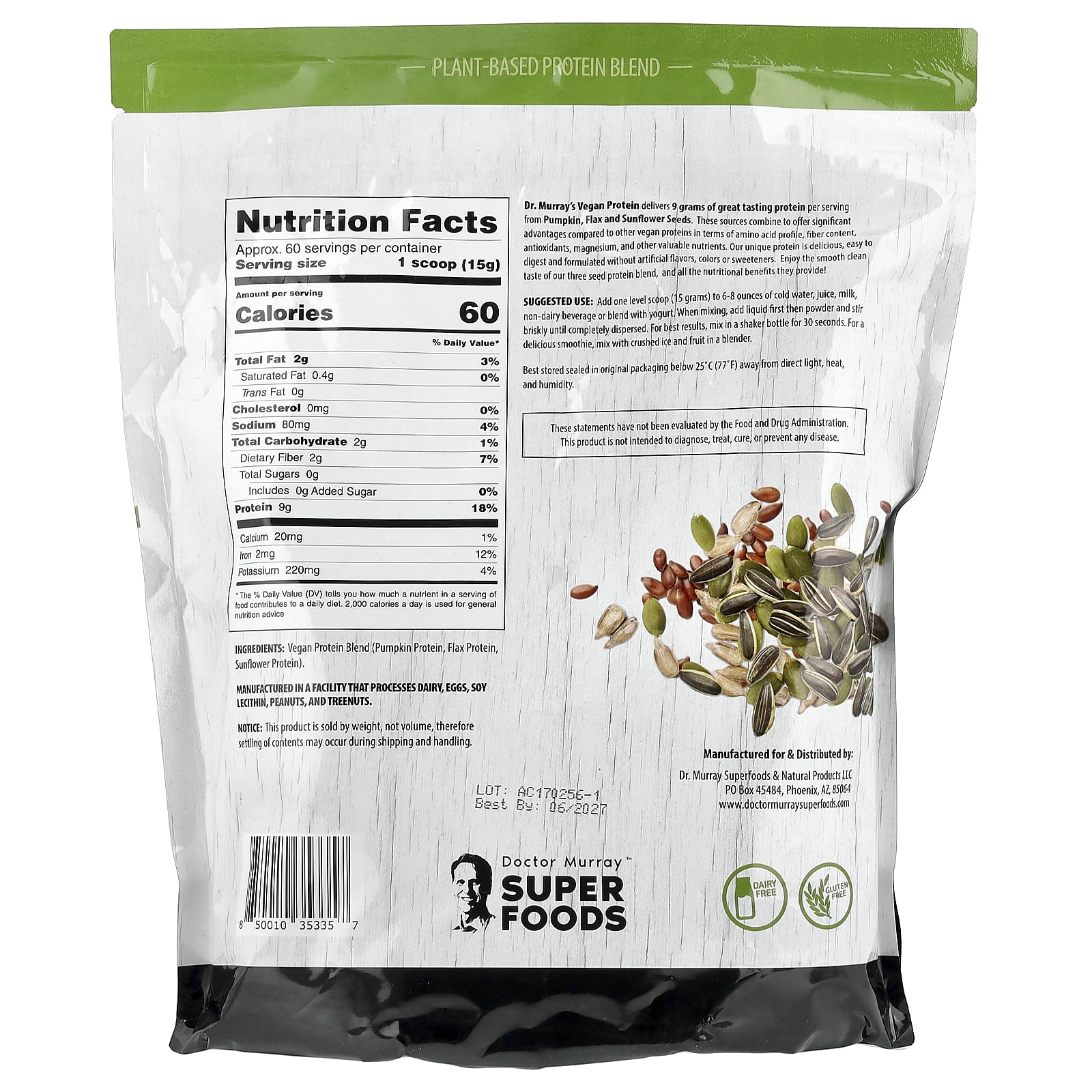 Dr. Murray's Super Foods, 3 Seed Protein Powder, Pumpkin + Flax + Sunflower, Unflavored, 2 lb (908 g)