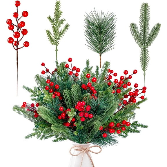 60 Pcs Artificial Pine Needles Branches Christmas Greenery Stems Picks Christmas Artificial Red Berry Stems for Garland Wreath Outdoors Decorations,Christmas Decorations for Home