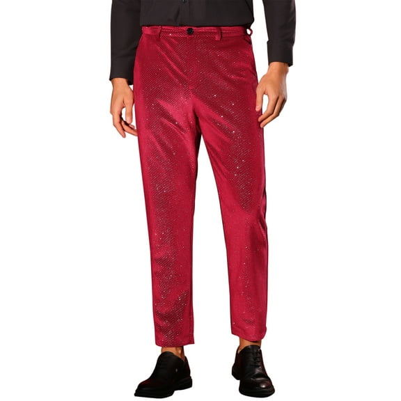 INSPIRE CHIC Glitter Velvet Pants for Men's Zipper Button Party Straight Leg Shiny Velour Trousers 28 Red