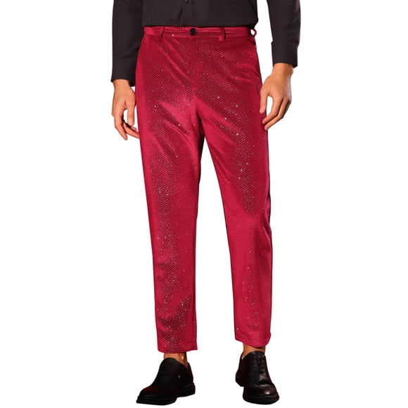Pantalones de terciopelo brillante INSPIRE CHIC para hombre con cremallera y botón, pantalones rectos de terciopelo brillante 32 rojos