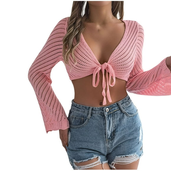Yuyuzo Cardigan Sweater Womens Crochet Long Sleeve Open-Front Crop Tops Summer Beach Cover up Cute Tops