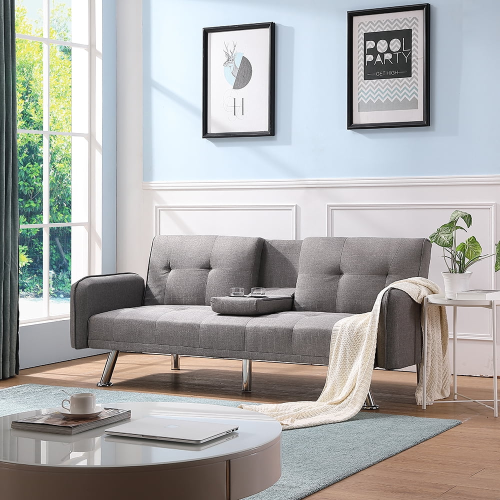 Kepooman Modern Futon Sofa Bed w/Armres and 2 Cup Holders for Small Spaces Living Room Bedroom, Light Gray Kepooman Modern Futon Sofa Bed w/Armres and 2 Cup Holders for Small Spaces Living Room Bedroom, Light Gray