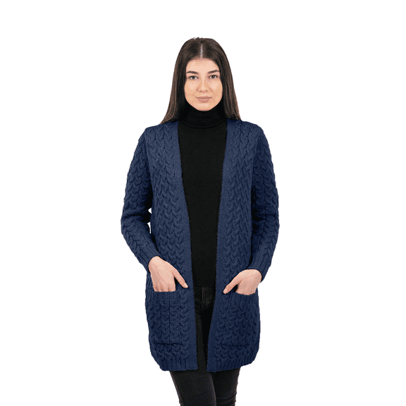 SAOL Aran Fisherman Coat Cardigan for Women Open Front Cardigan 100% Merino Wool