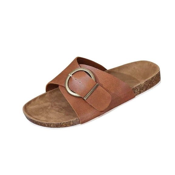 Xfvqtps Womens Cork Footbed Sandals Slide Sandals for Women With Adjustable Strap Buckle Open Toe Beach Sandals Brown