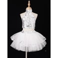 thumbnail image 3 of iEFiEL Kids Girls 3 Piece Ballet Latin Dancewear Halter Sparkling Sequins Crop Top with Tulle Tutu Skirt Headwear Dance Stage Wear White 3-4, 3 of 7