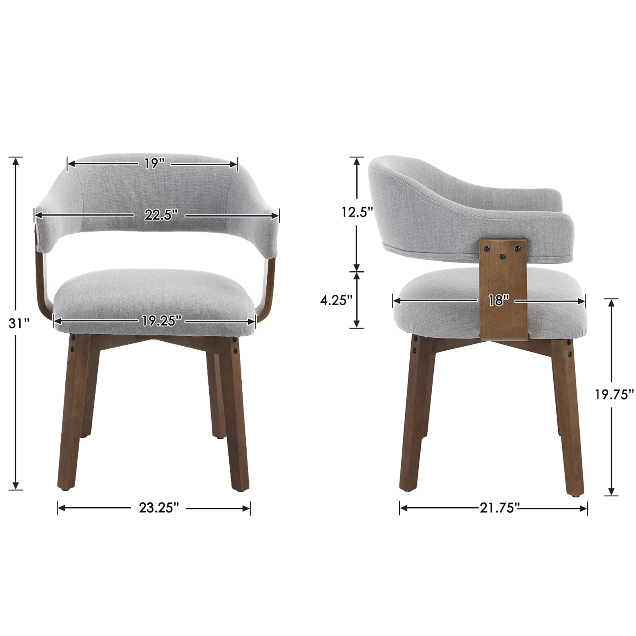 Guyou Modern Dining Chair Set of 6, Linen Upholstered Dining Room Armchair with Curved Backrest, Mid-Century Wooden Kitchen Side Chairs for Dining Room Living Room, Grey