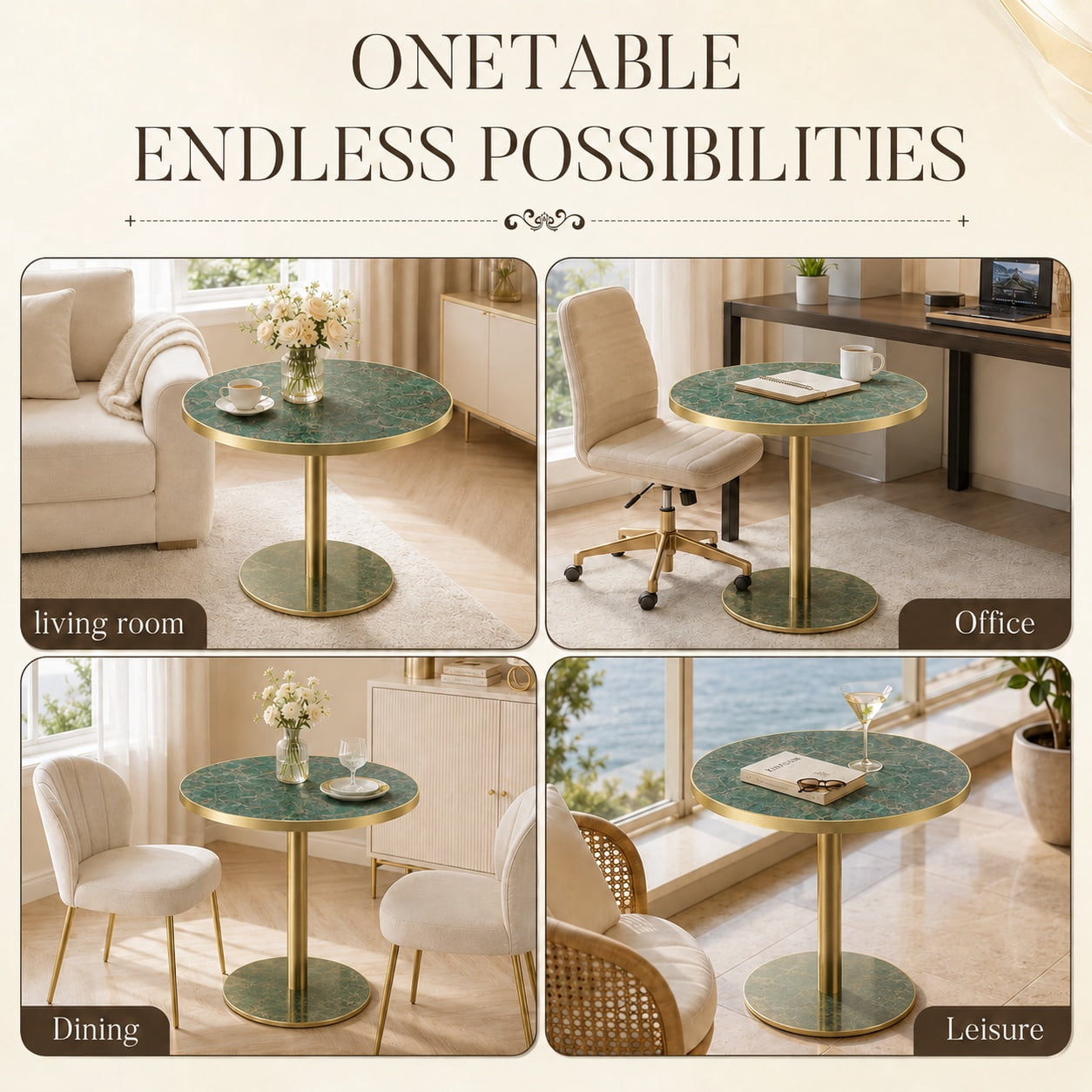 Aukfa 31.5" Round Sintered Stone Dining Table for 2-4, Kitchen Table Tulip Table with Gold Pedestal Base for Bistro Small Apartment,Jade Green Marble