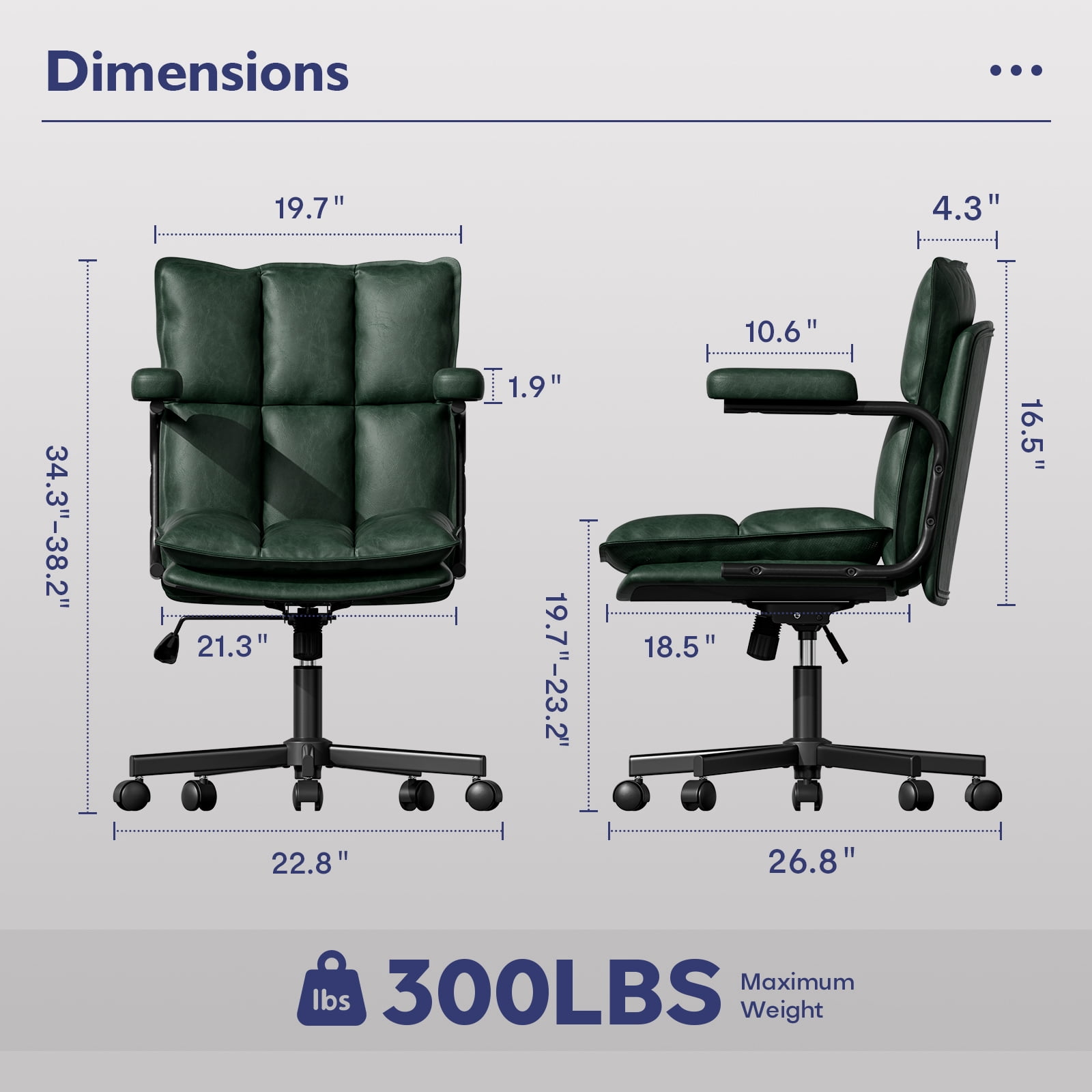 Genpo Green Office Chair, Mid Century Modern Desk Chairs with Arms, Thickend Back and Seat, Adjustable Height, Wheels, Vintage Leather Computer Chair for Home, Office