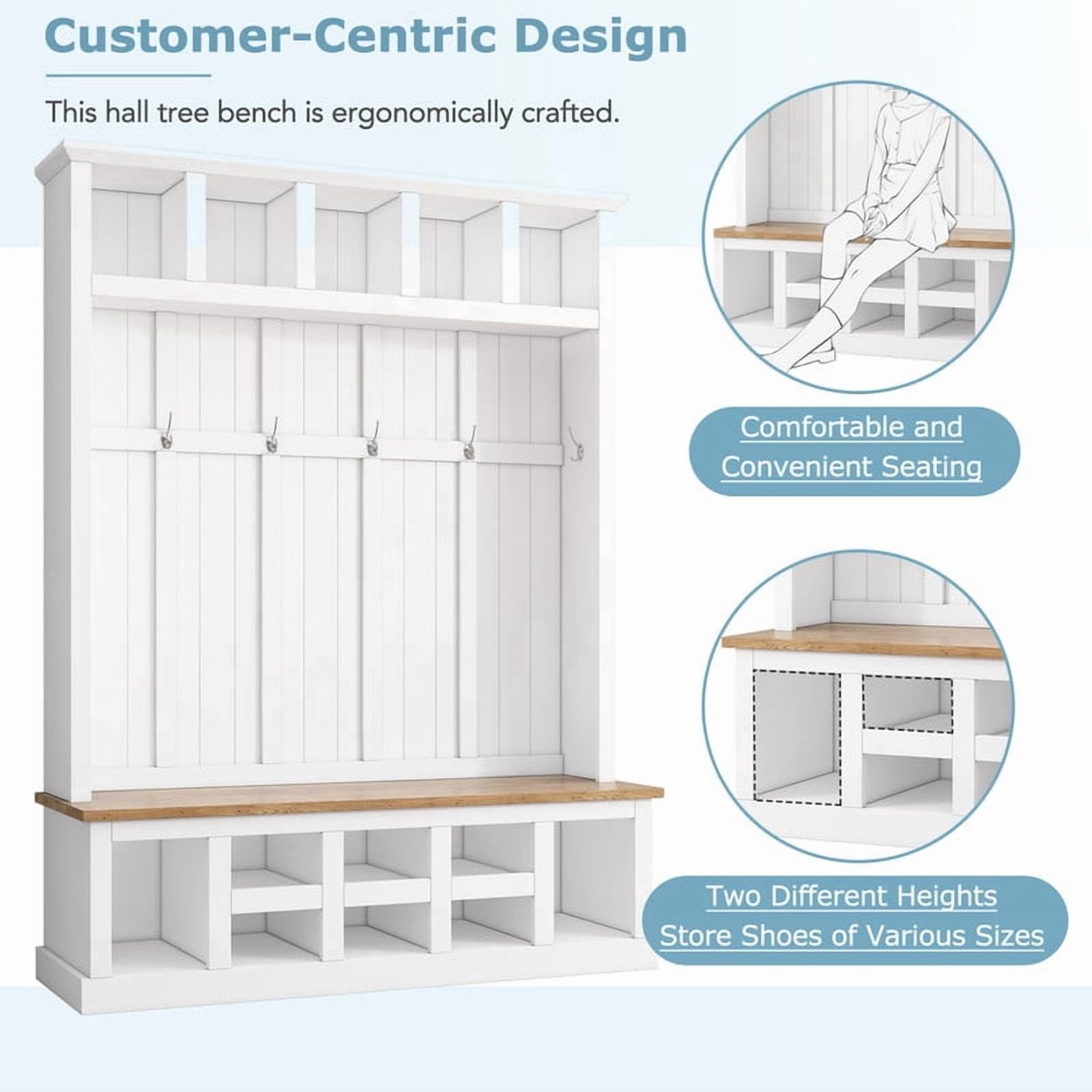 Farmhouse Hall Tree with Shoe Storage Bench and 13 Compartments, Entryway Coat Rack with 6 Hooks, Elegant Shoe Cabinet for Mudroom, Living room