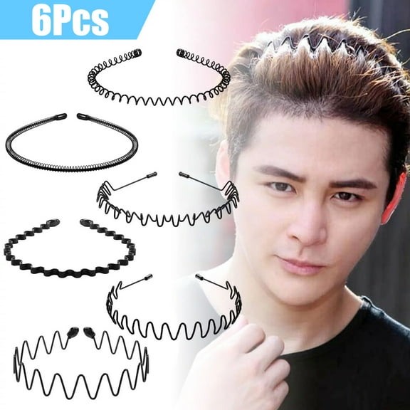 6Pcs Metal Hair Bands, TSV Men's Wavy Spring Headbands, Fashion and Elastic Hair Hoops for Sports and Beauty Care, Black
