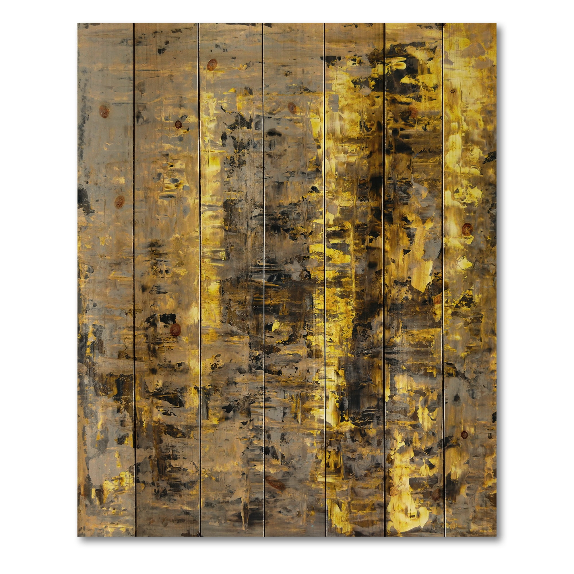 Designart 'Grey Meets Yellow Abstract Art II' Modern Print on Natural Pine Wood