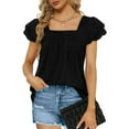 thumbnail image 2 of Summer Tops for Women Clearance-Sale Short Sleeve Solid Color Lace T-Shirts Square Neck Basic Fitted Tee Fashion Trendy Ladies Softy Holiday Going Out Tops Black,XL, 2 of 8