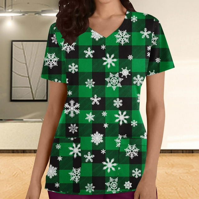 EQWLJWE Women's Plus Size Snowflake Plaid Print V-Neck Short Sleeve Scrub Top,