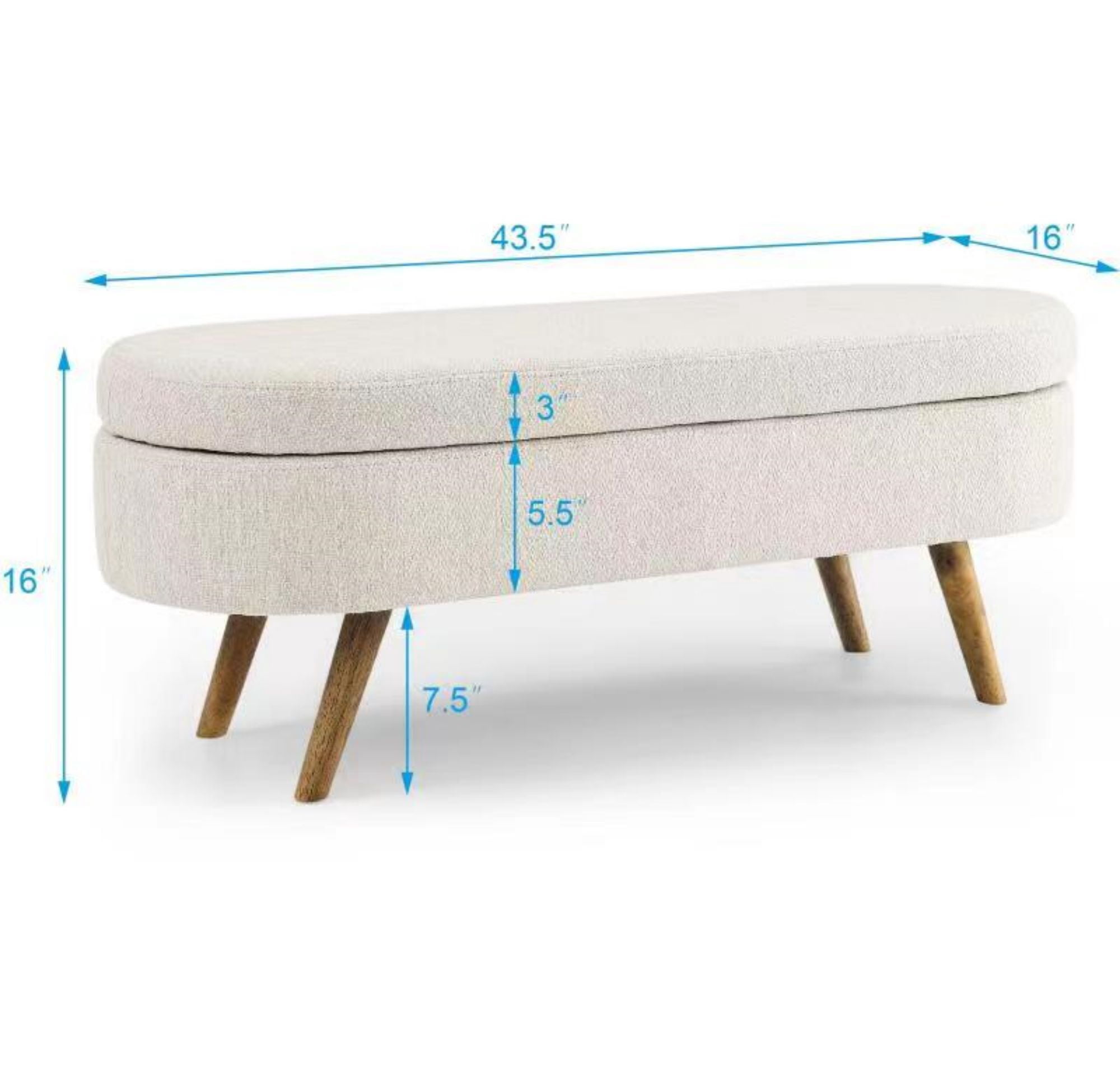 DEALTOPS 3D Linen Fabric Ottoman, Oval Storage Bench with Storage Space and Rubber Wood Legs, Beige