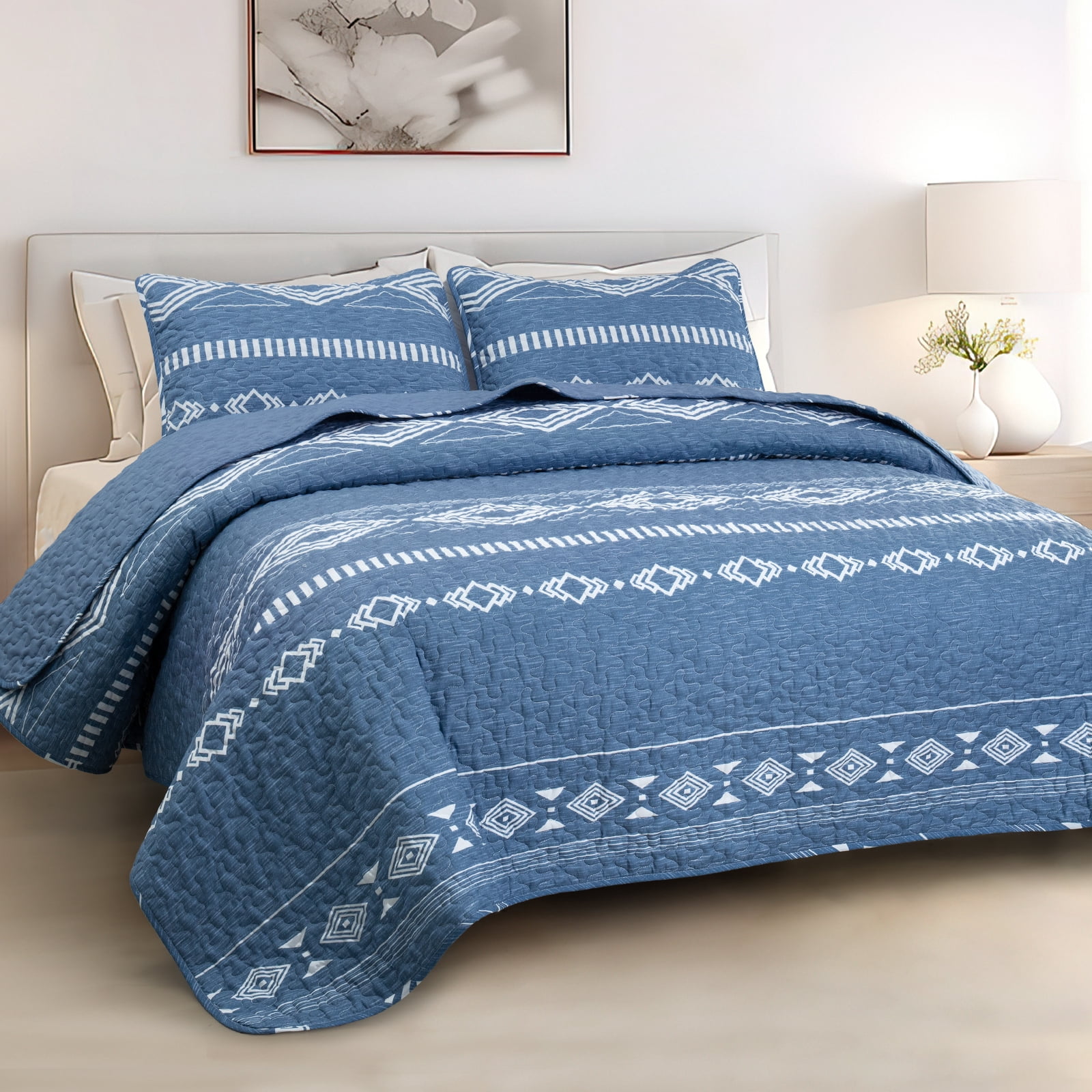 Whale Flotilla Reversible Ultra Soft Printed Quilts Twin Size, Lightweight Patchwork Geometric Stripes Bedspreads Coverlets Twin Quilt Bedding Set with 1 Pillow Sham for All Seasons, Bluish Grey