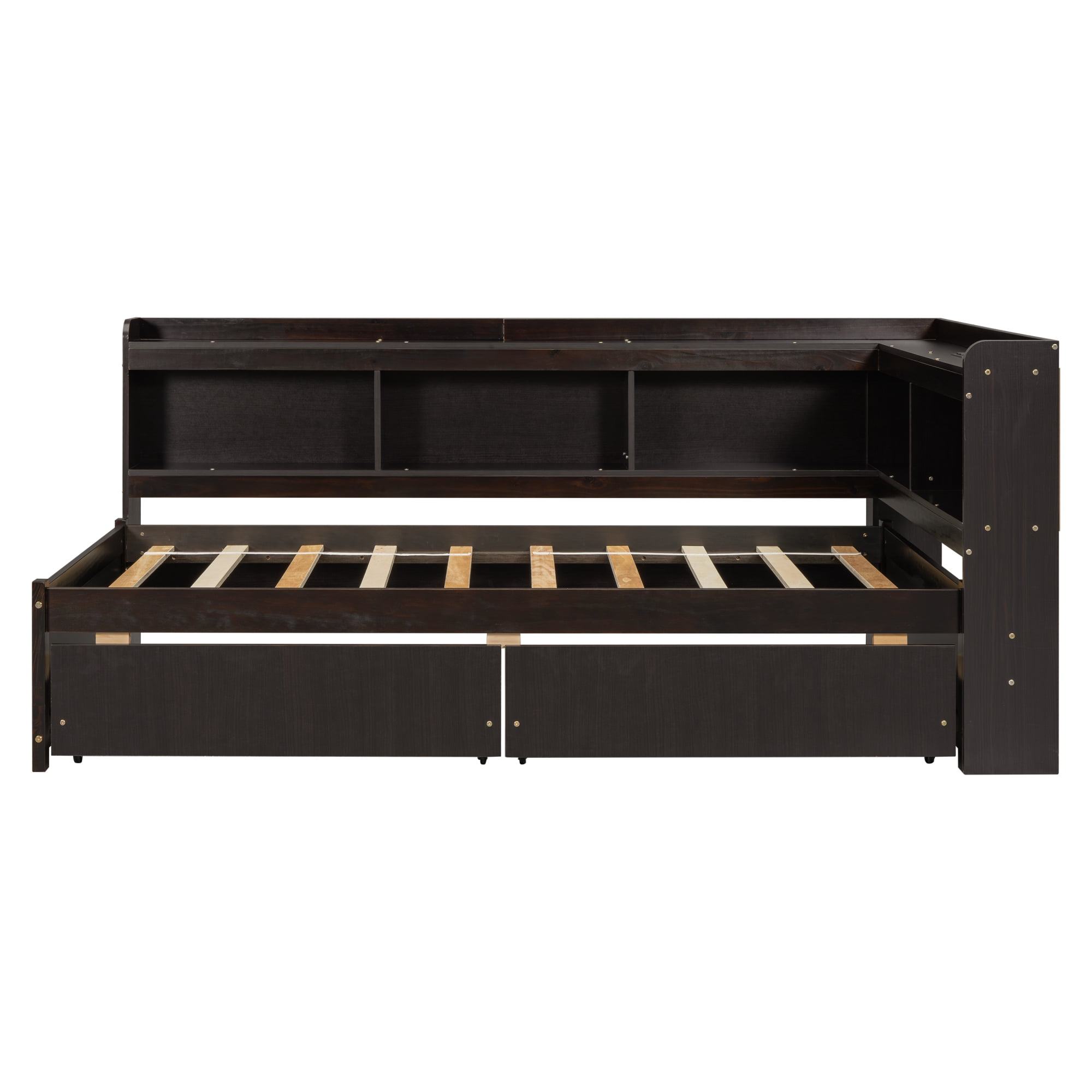 Leumius Twin Size L-shaped Bookcases Bed with Power Outlets, USB Charging Ports,Two Drawers,Espresso