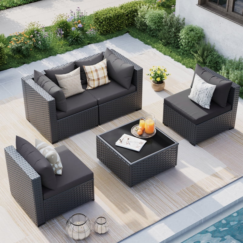 ELPOSUN 5 Pieces Patio Furniture Set, Outdoor Furniture Sectional Rattan Sofa for Backyard Garden (Dark Grey)