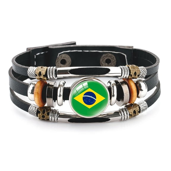 Uijokdef Country Flag Leather Bracelet, Multi-Layer Black Cowhide Design, 7.87 Inches