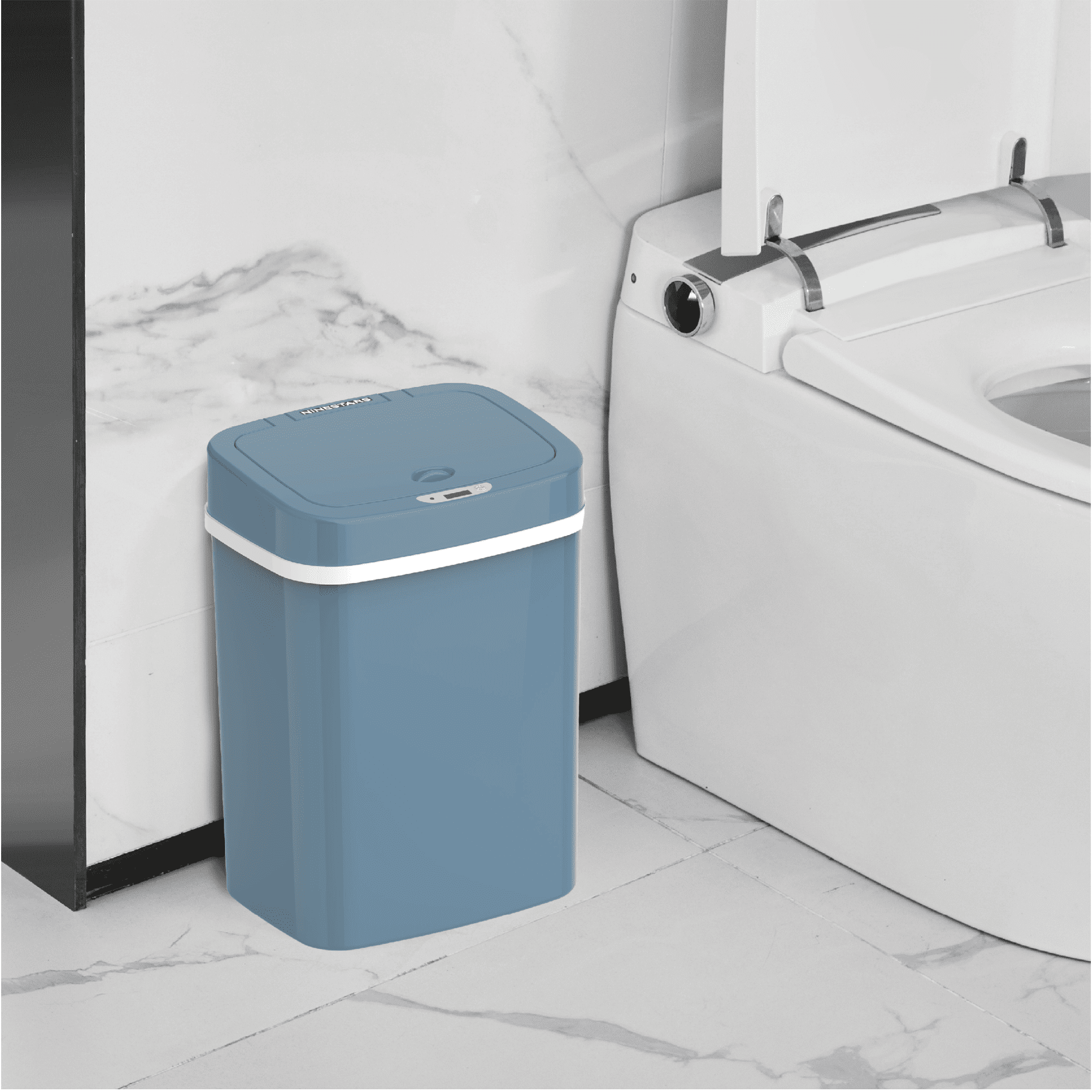 Nine Stars Automatic Bathroom Trash Can, 3 Gallon Plastic Motion Sensor Garbage Bin with Soft Close Lid, Steel Blue