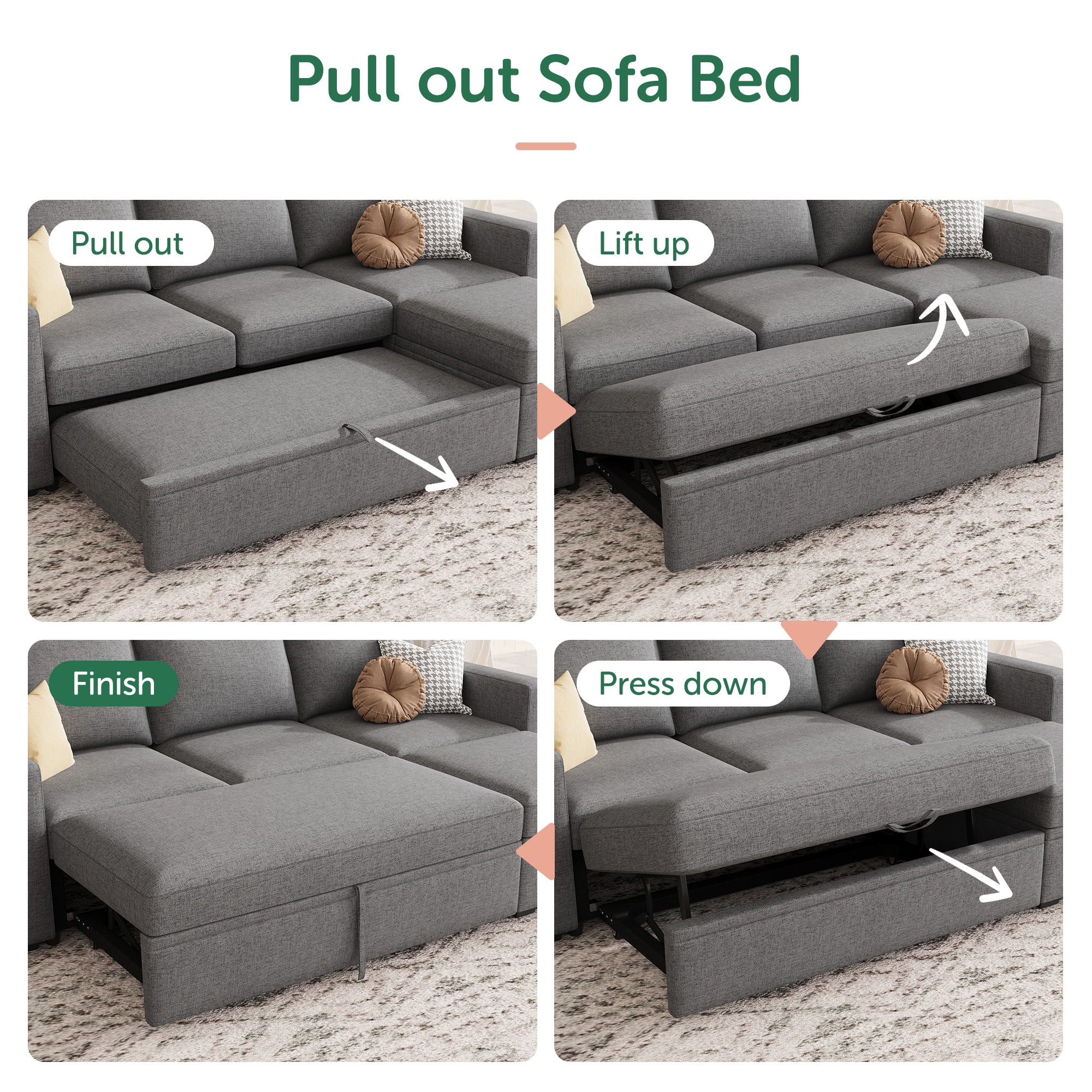 HONBAY 79" Reversible 3 Seat Compact L Shaped Sectional Sleeper Sofa with Pull Out Bed and Storage, Breathable Linen Gray