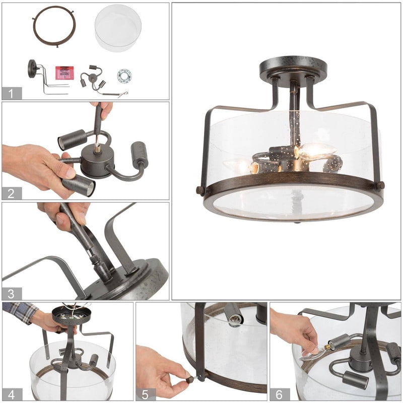 LNC 14" 3-Light Drum Semi Flush Mount Ceiling Light,Rustic Black Metal Frame with Seeded Glass,Dark Wood Grain Finish for Kitchen,Hallway