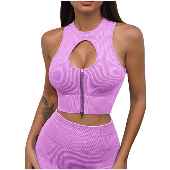 XFLWAM Womens Workout Seamless Ribbed Hollow Out Yoga Sports Bra Keyhole Zip Crop Top Bra Gym Clothes Pink S