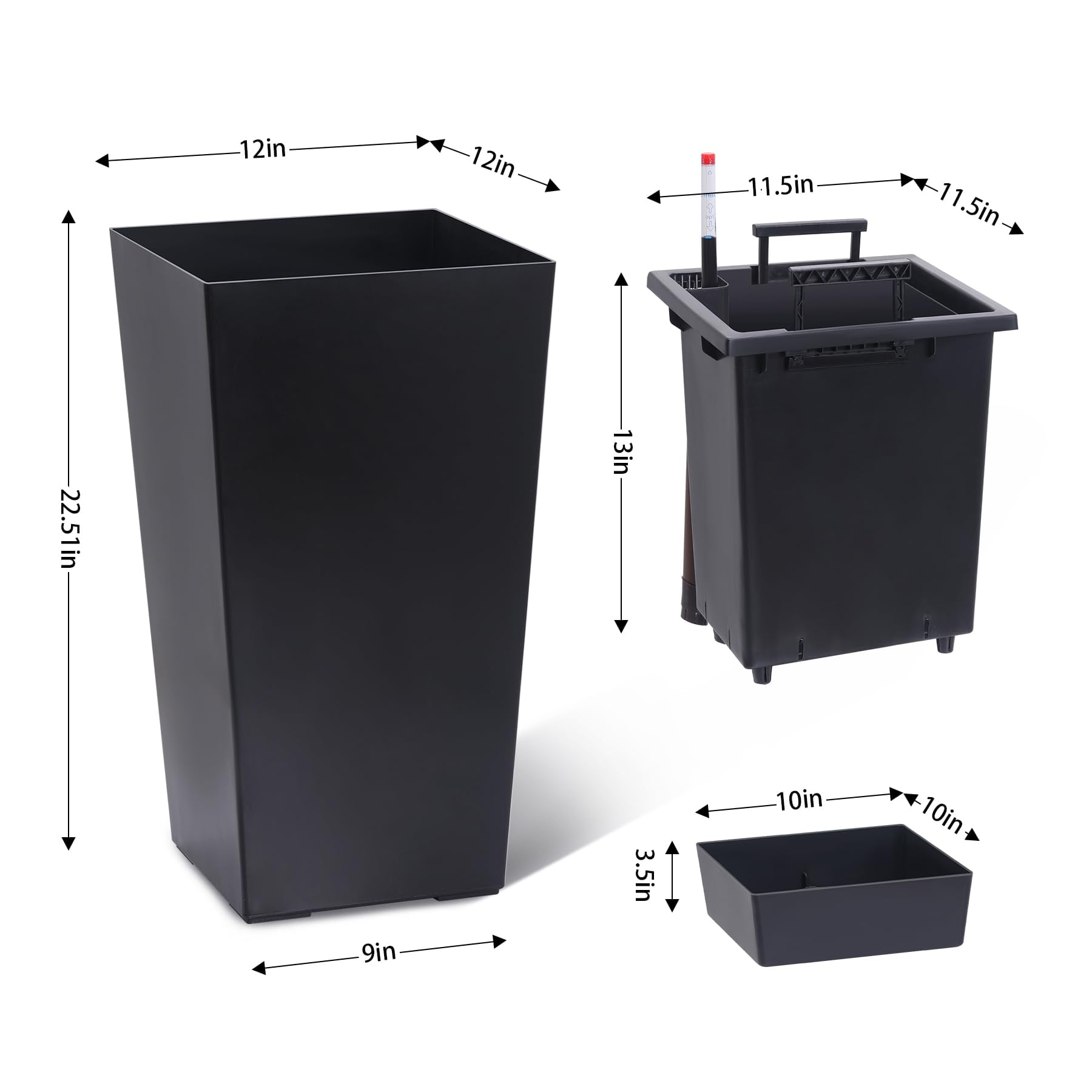 TROPOW Flower Pots,Set of 2,21.7-Inch Tall Rectangular Planters,Flower Pots for Indoor Plants,Modern Indoor/Outdoor Plant Pots,Black